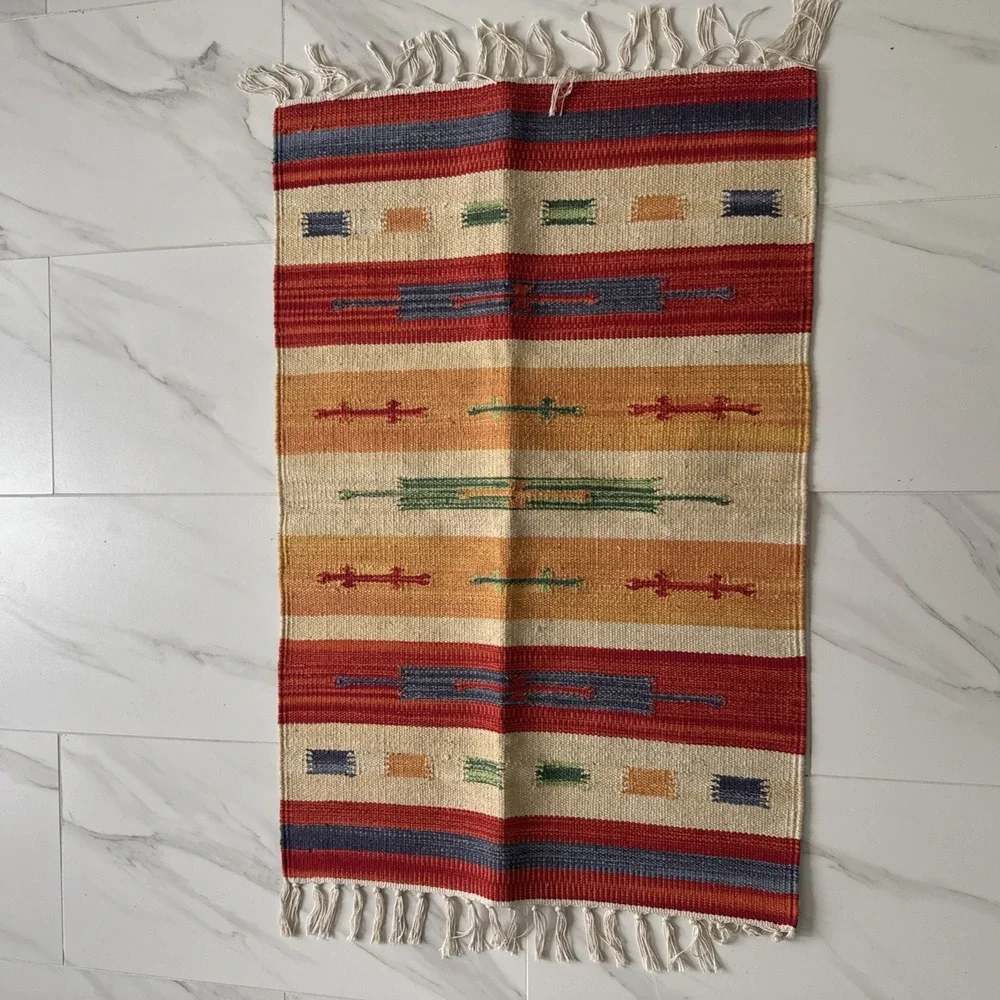 Hand Woven Dhurrie Doormat Rug 3x2ft Kilim Fringed Southwestern Hall Room Aztec